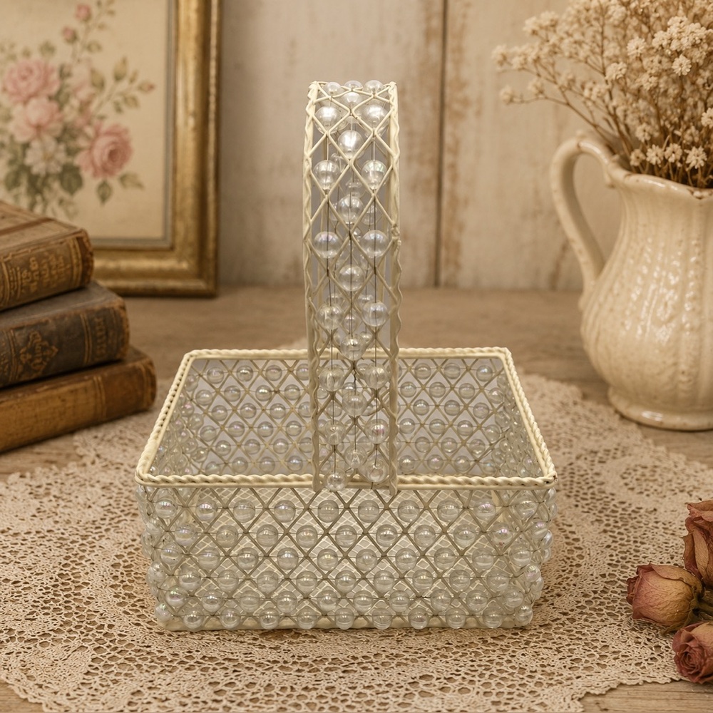 Vintage Small Iridescent Beaded Cream Metal Basket with Handle